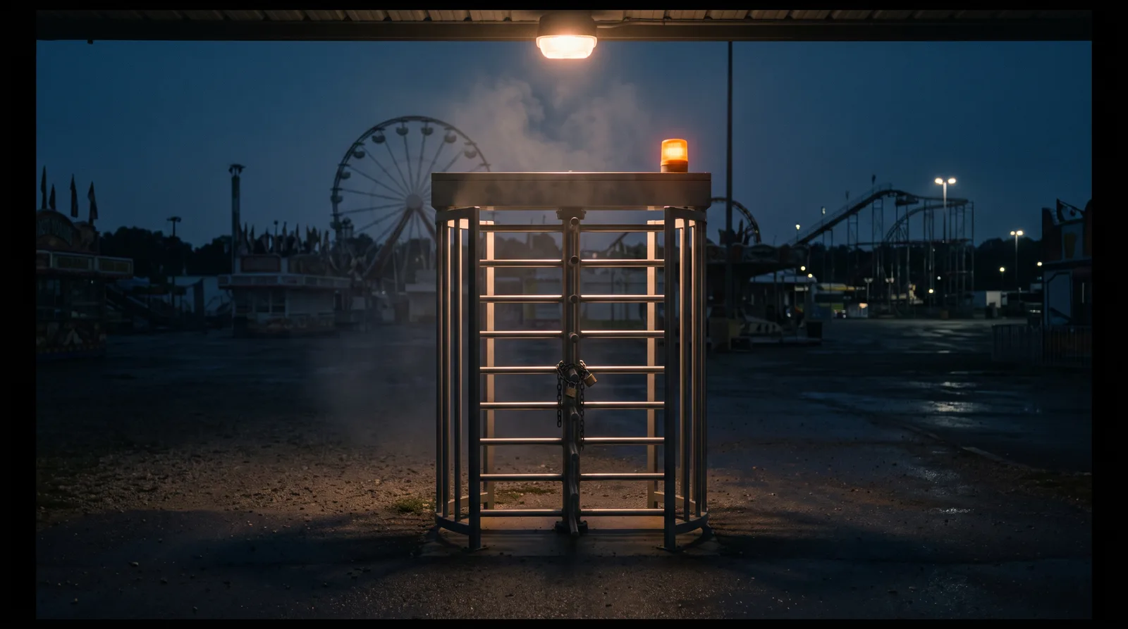 A single turnstile stands locked at the empty entrance to a fairground, the midway behind it dark and quiet.