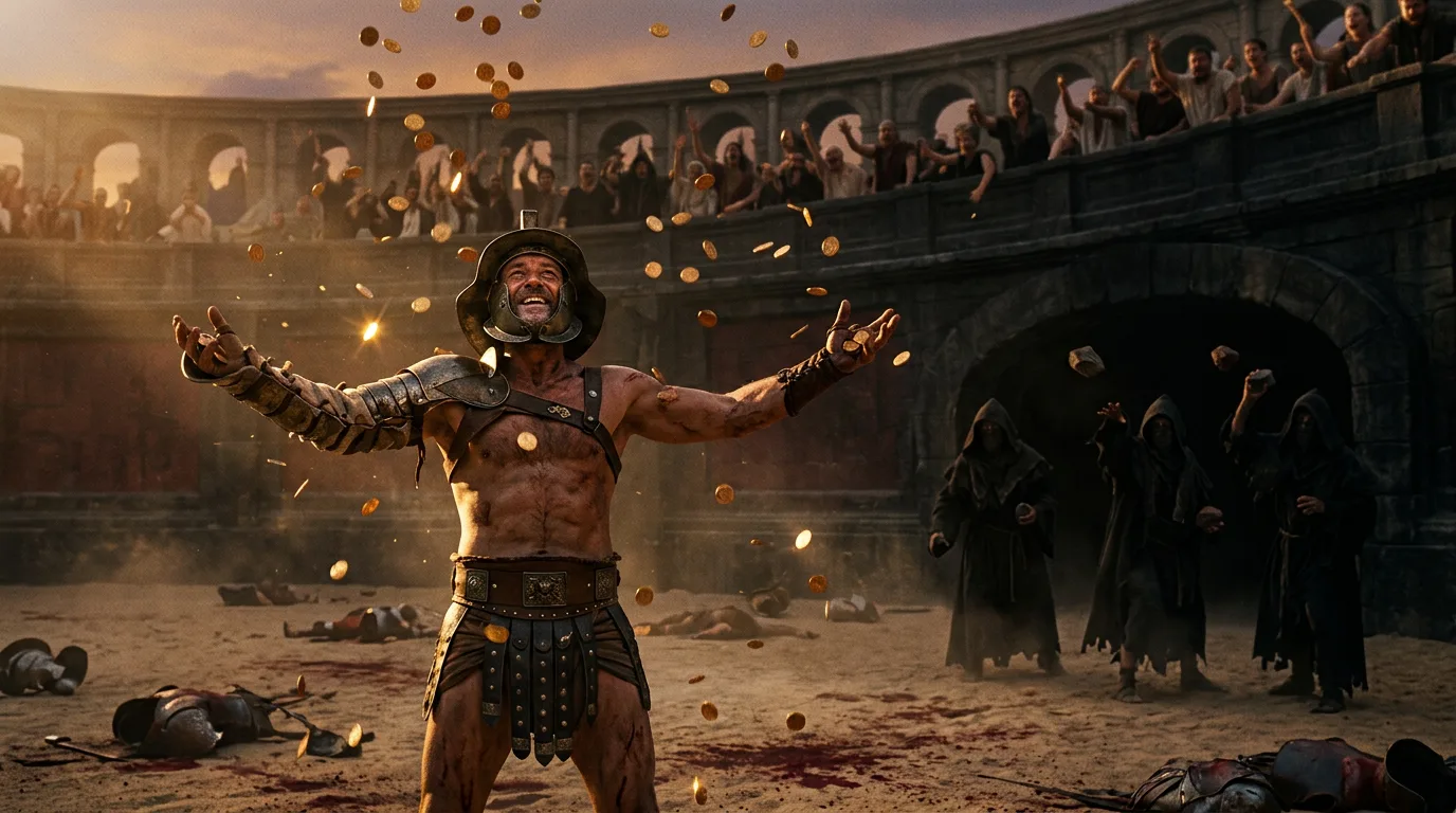A man standing in an ancient coliseum arena catching gold coins tossed by a crowd in the stands, while cloaked, faceless figures lob stones from the shadowed tunnels below.