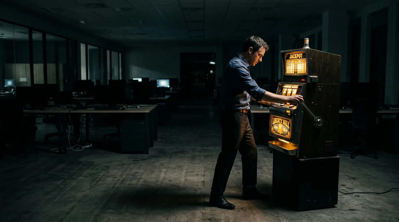 A man in a rumpled dress shirt pulling the lever of an old slot machine standing alone in a dark, empty office at night.