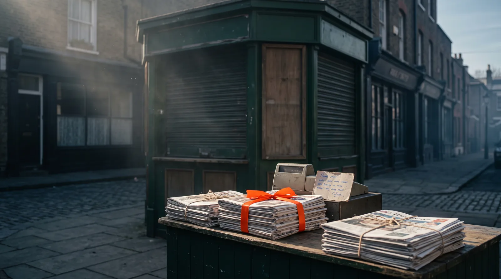 An unattended newsstand sits shuttered at dawn with bundled papers and a handwritten reserved card on the counter.