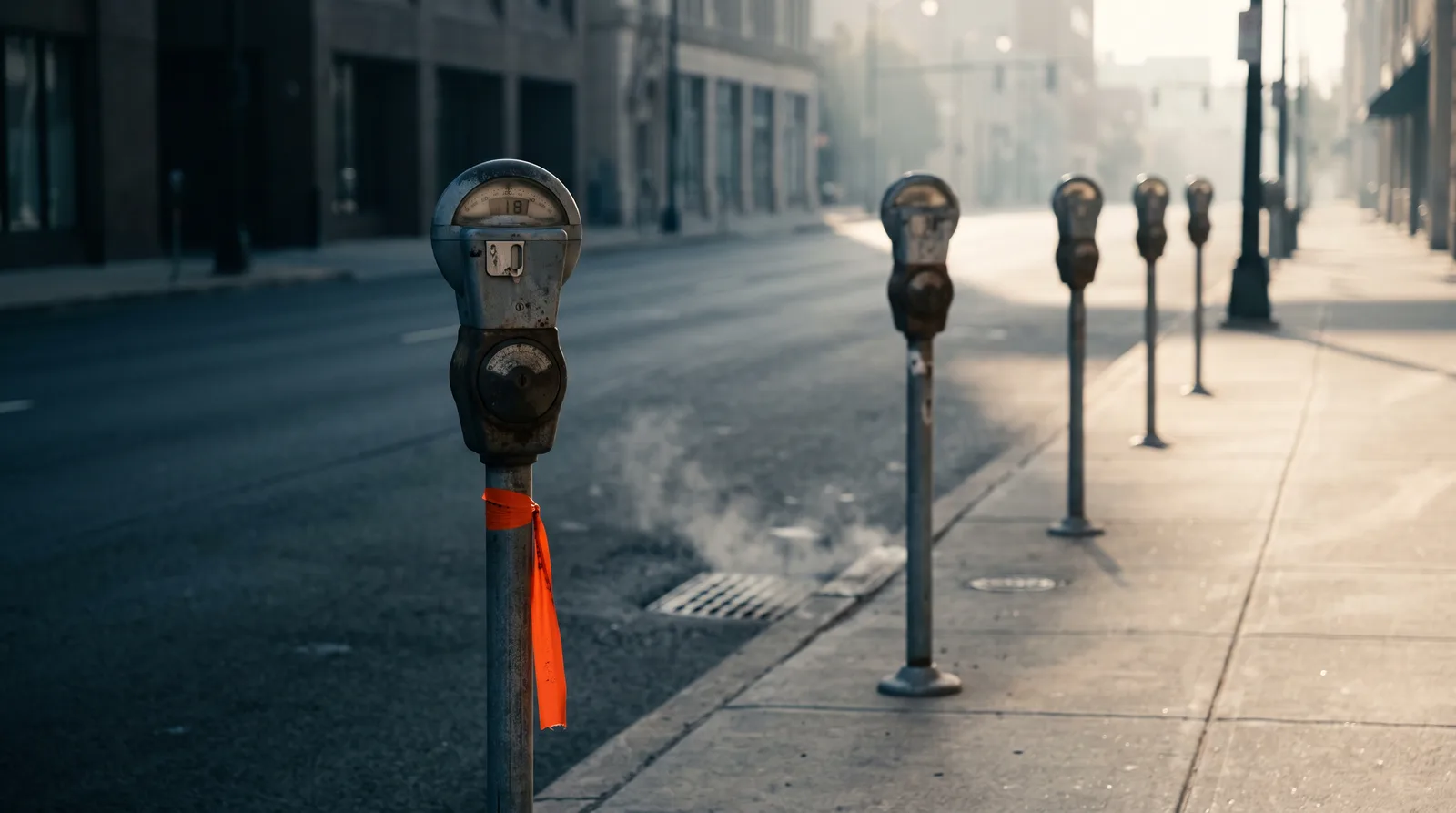 A row of parking meters lines an empty curb in early morning light, each dial reading a different number.