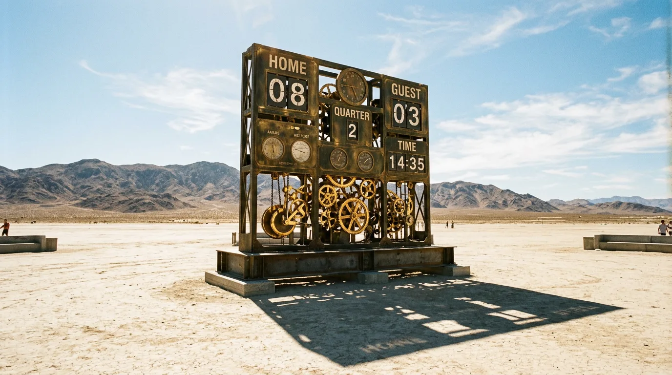 A vintage mechanical scoreboard standing alone in an open desert plaza under bright daylight, its gears and numbers fully visible.