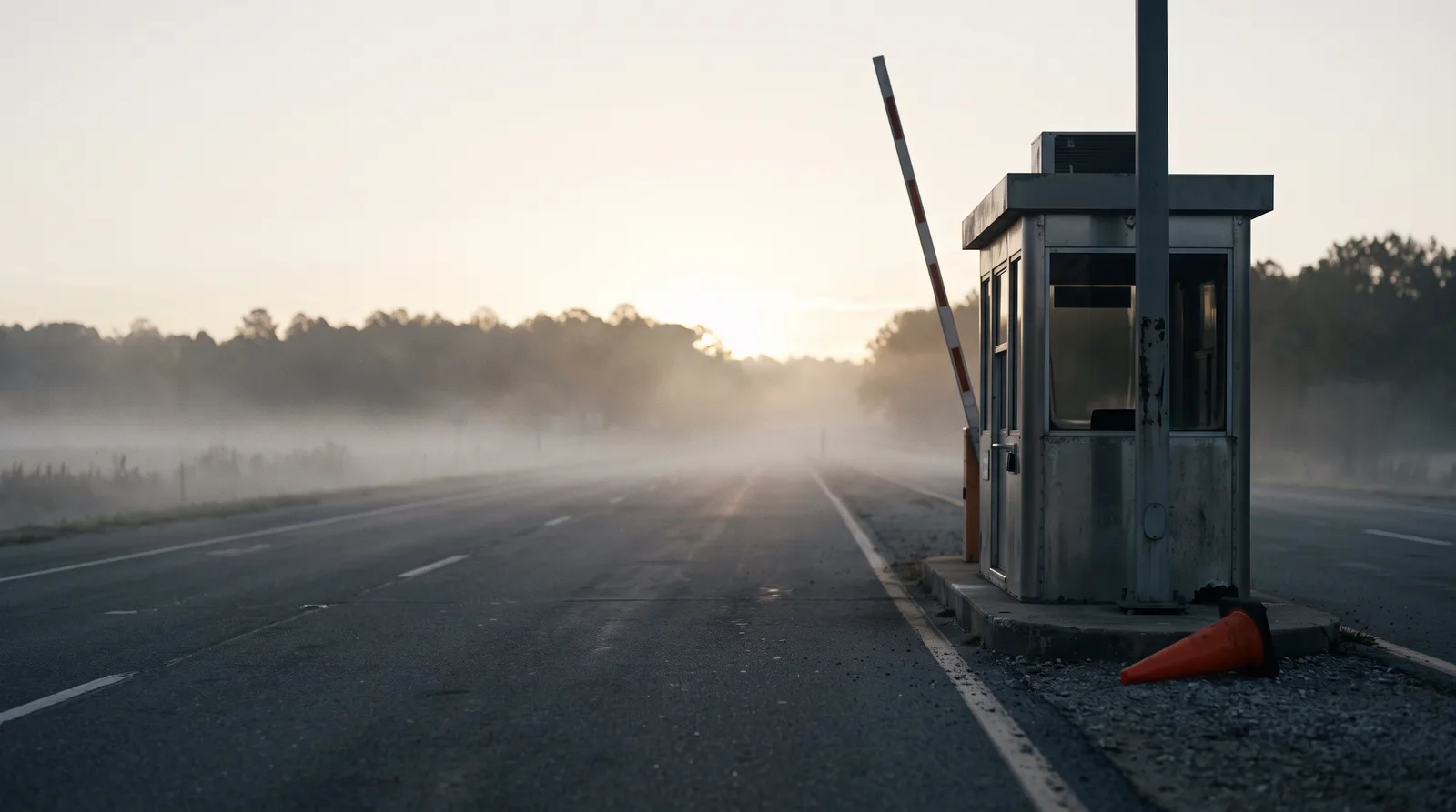 An empty tollbooth stands on a two-lane highway at dawn, its gate arm raised over fog rising off the asphalt.