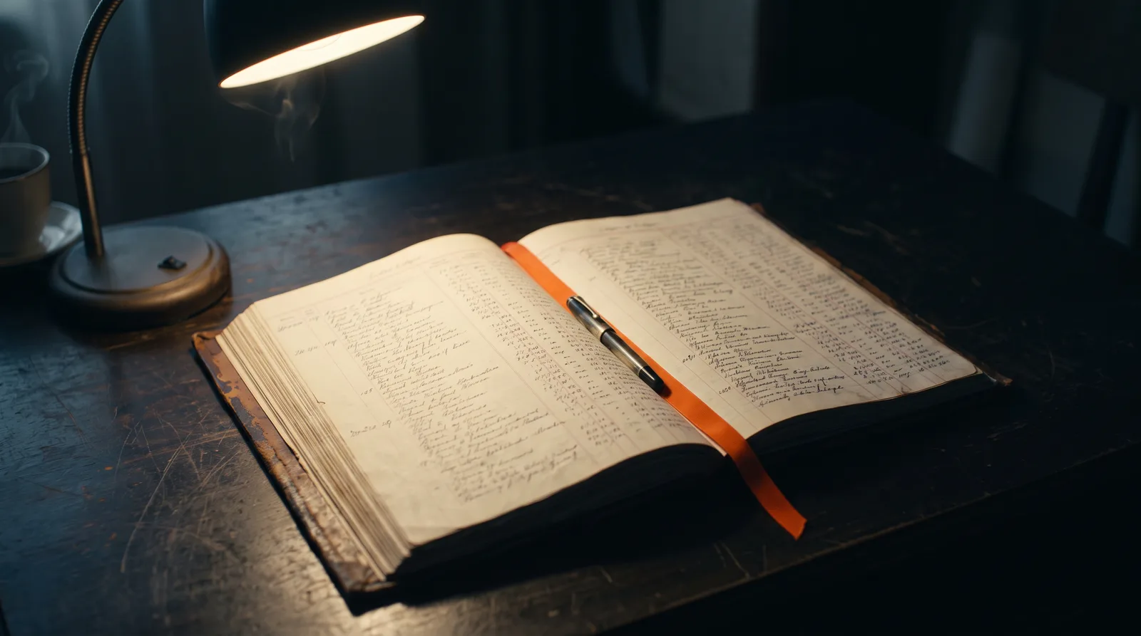 An open leather ledger sits under a single desk lamp in a dark room, its columns filled in by hand.