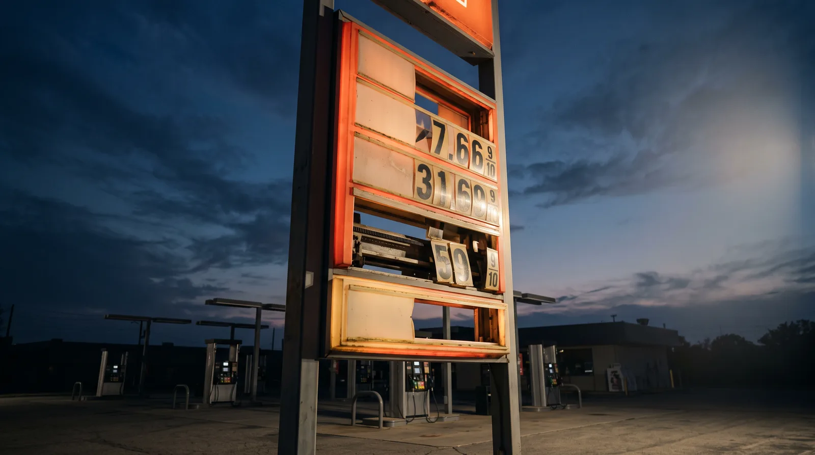 A gas station price sign glows against a darkening sky, its plastic number panels caught mid-change.