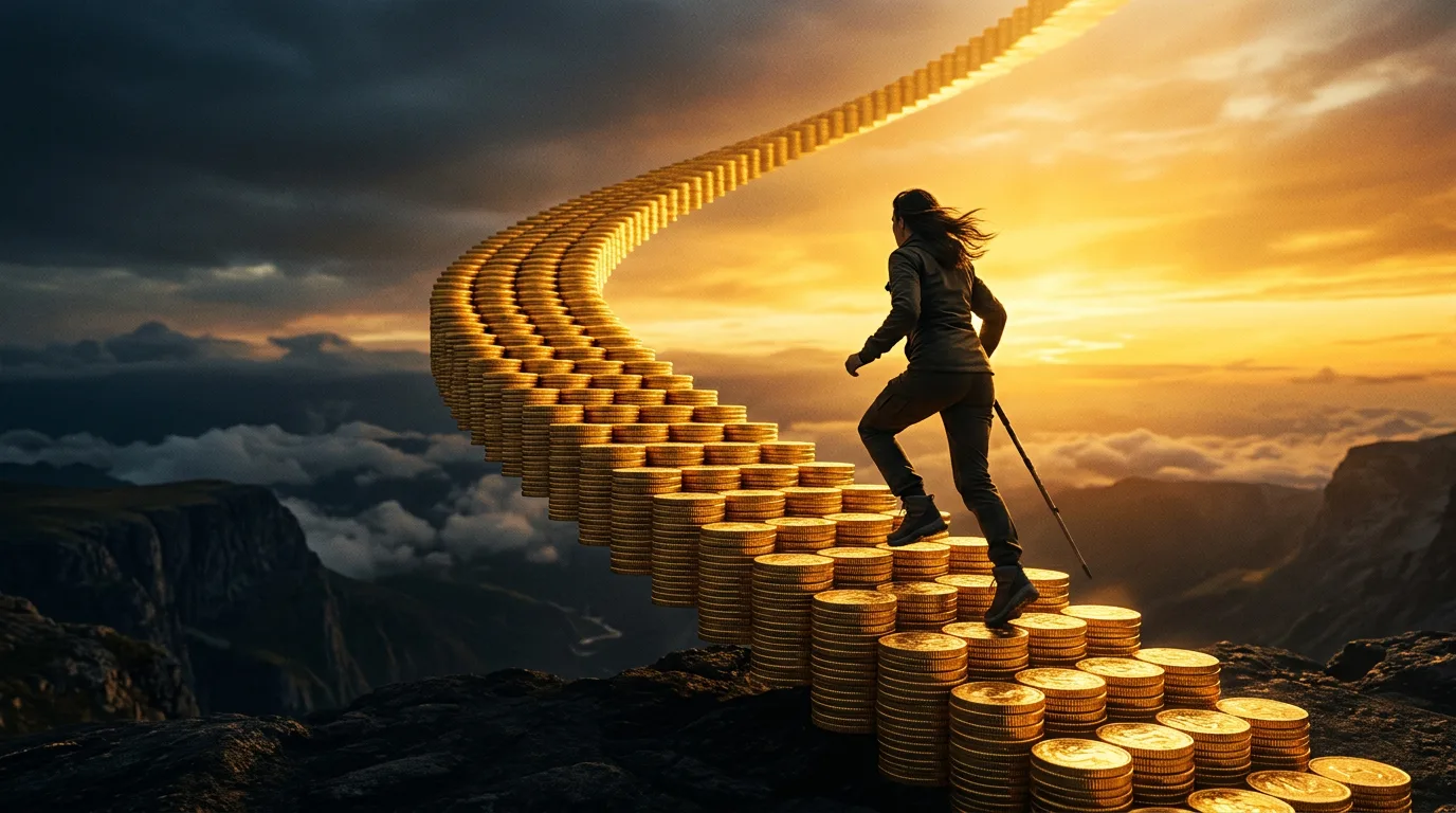 A woman climbing a rising staircase built from stacked gold coins toward a golden horizon.