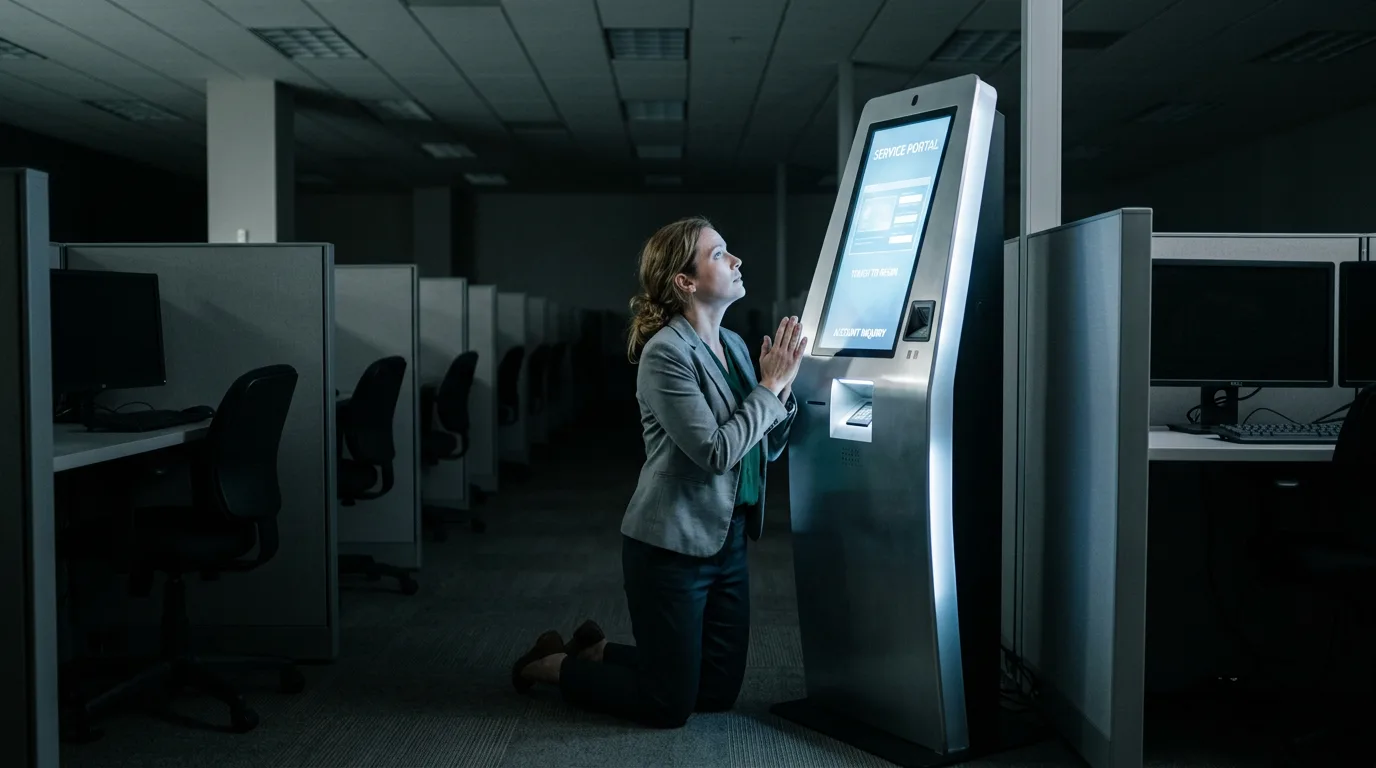 A woman in business casual kneeling before a glowing customer service kiosk in an empty, fluorescent-lit call center, as if it were a confession booth.
