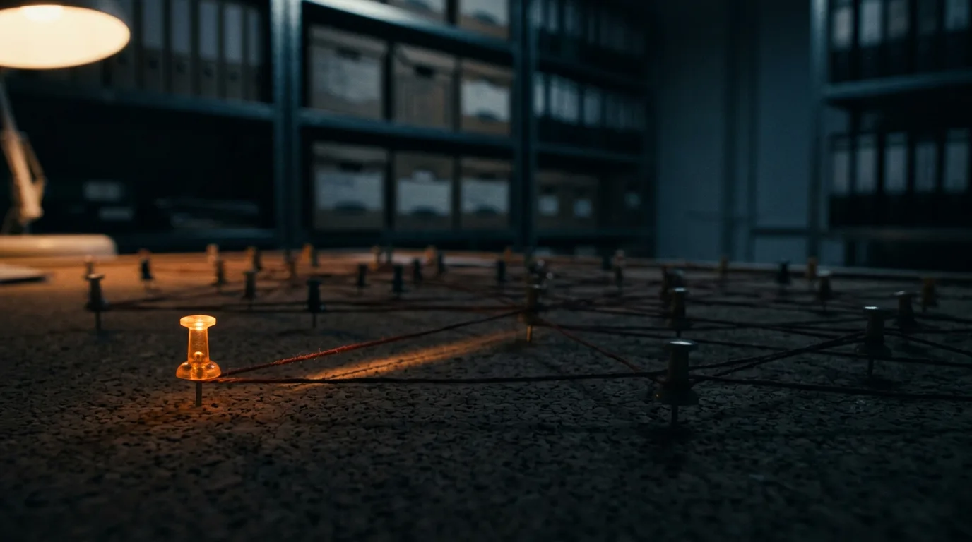 A single lit string glows orange on a dark pinboard while dozens of other strings run off into the shadows unlit.