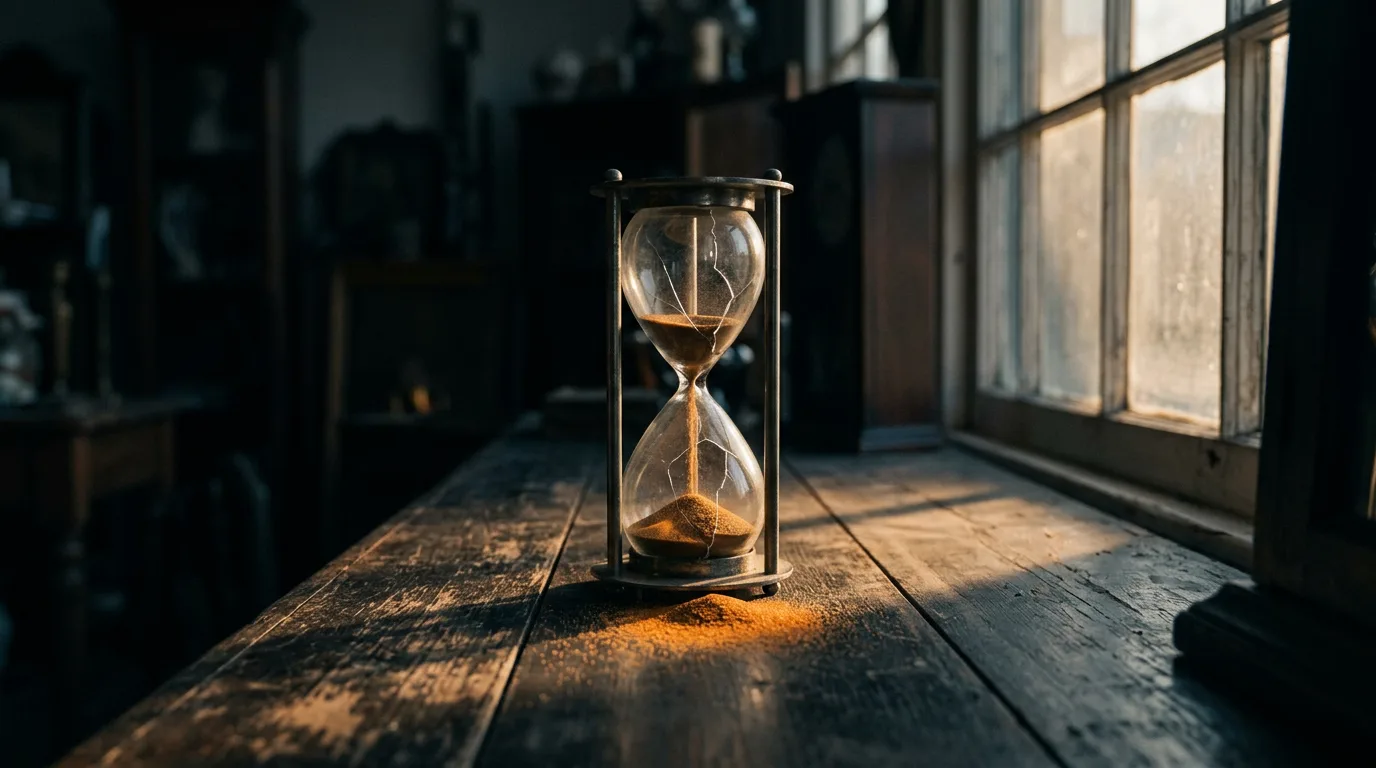 A cracked hourglass on a shop counter spills its sand out through the fracture instead of falling through the neck.
