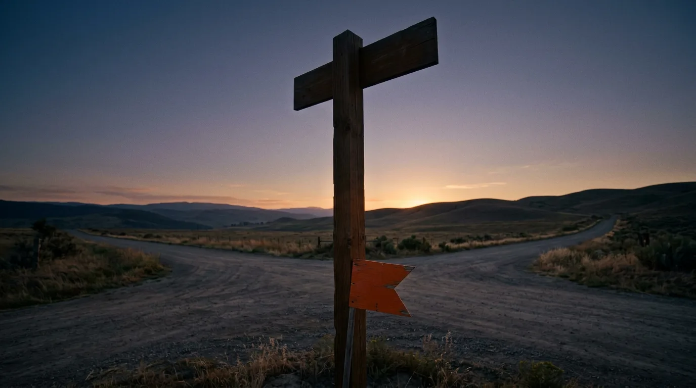 A wooden signpost stands alone at a quiet crossroads at dusk, one small marker near its base catching the last orange light.