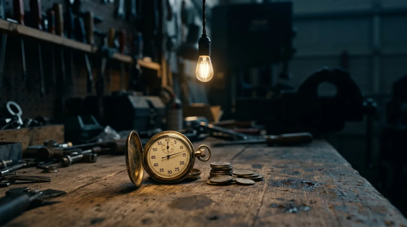 A stopwatch lies open on a workshop bench beside a small stack of coins, its second hand frozen mid-sweep under a single hanging bulb.