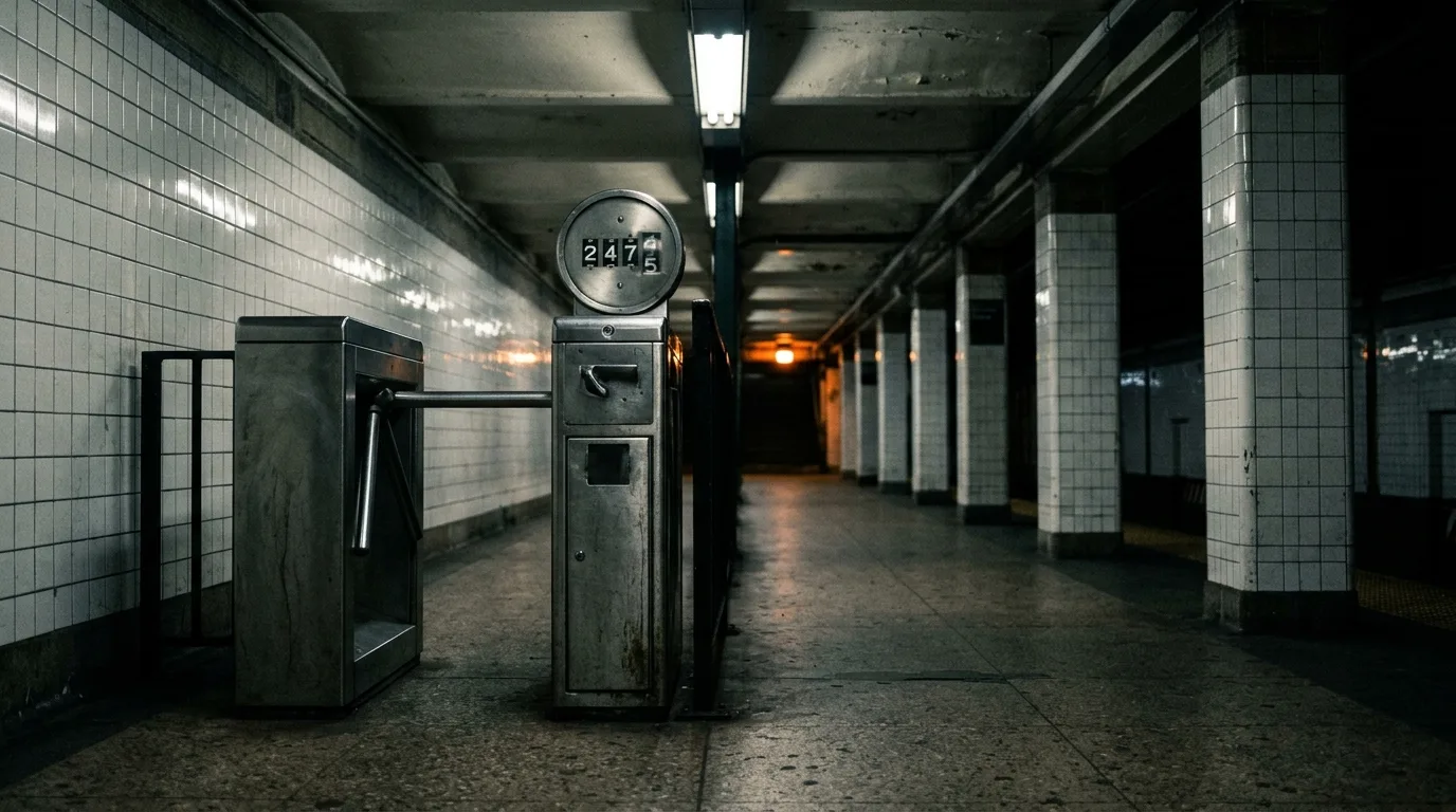 A subway turnstile's number wheels turn over in an empty station at night, with no one passing through the open gate.