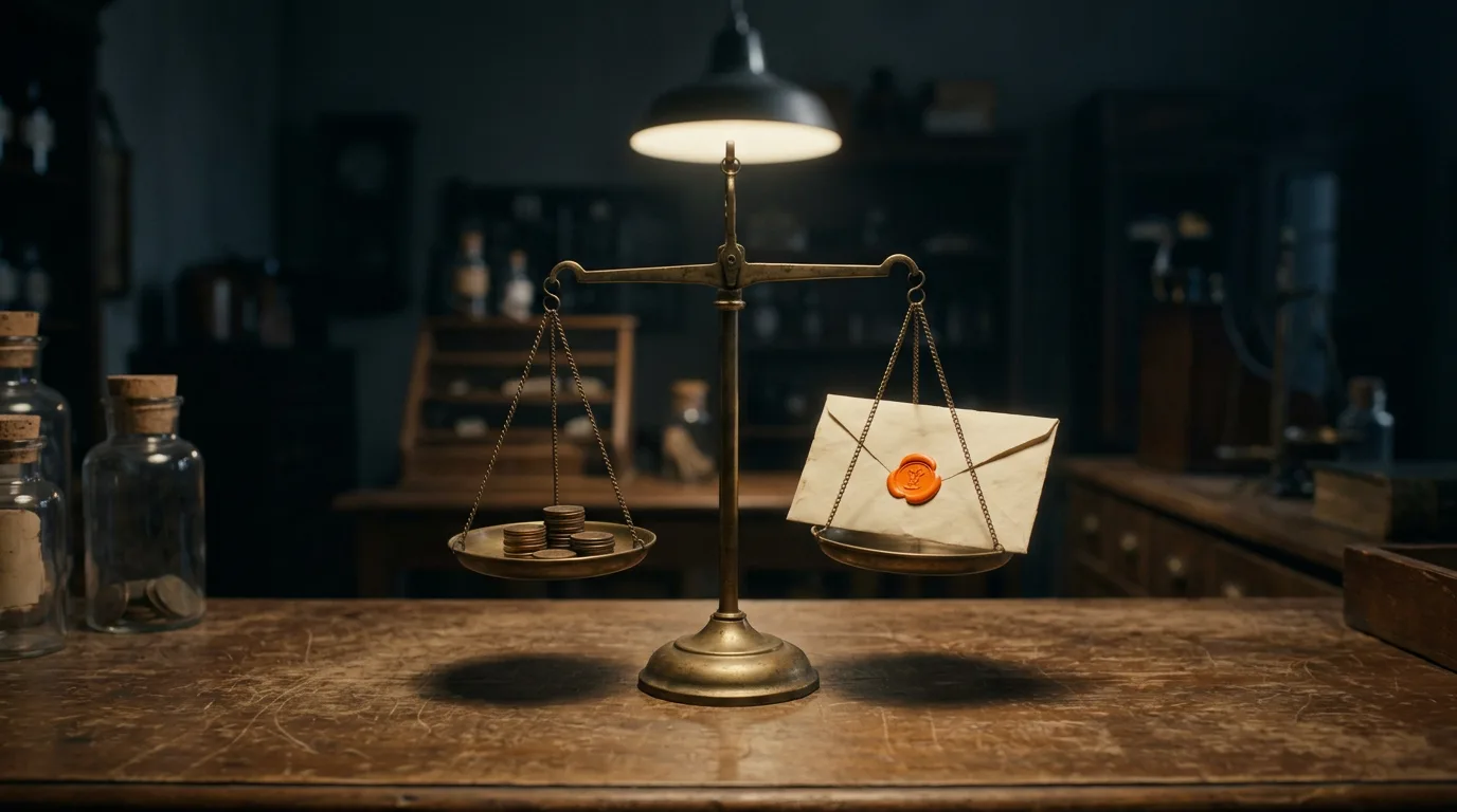 A brass apothecary scale balances a stack of coins against a folded, wax-sealed letter.