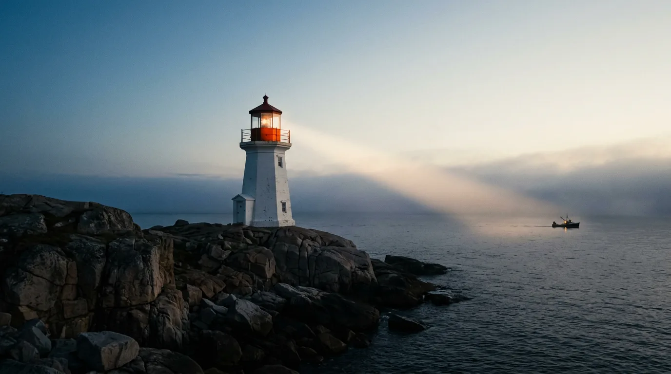 A lighthouse beam sweeps low over dark water at dawn, reaching one small boat far out.