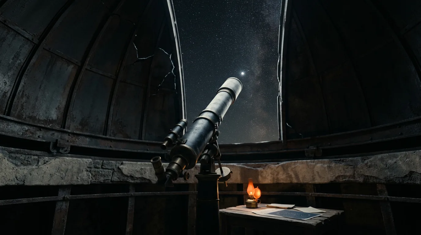An observatory dome cracked open at night reveals a telescope aimed at one bright star.