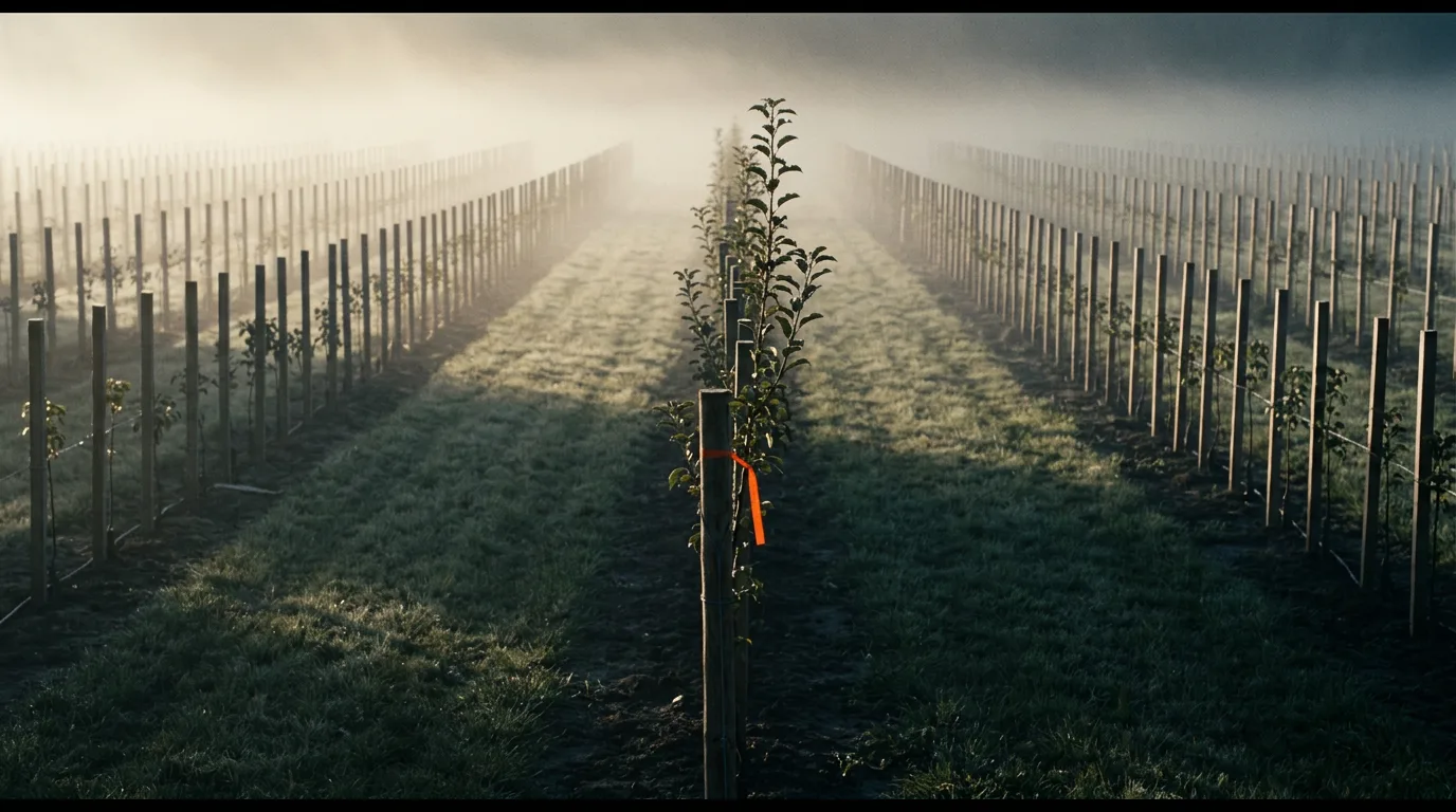 A misty orchard of staked young saplings stands in rows, one row taller than the rest.
