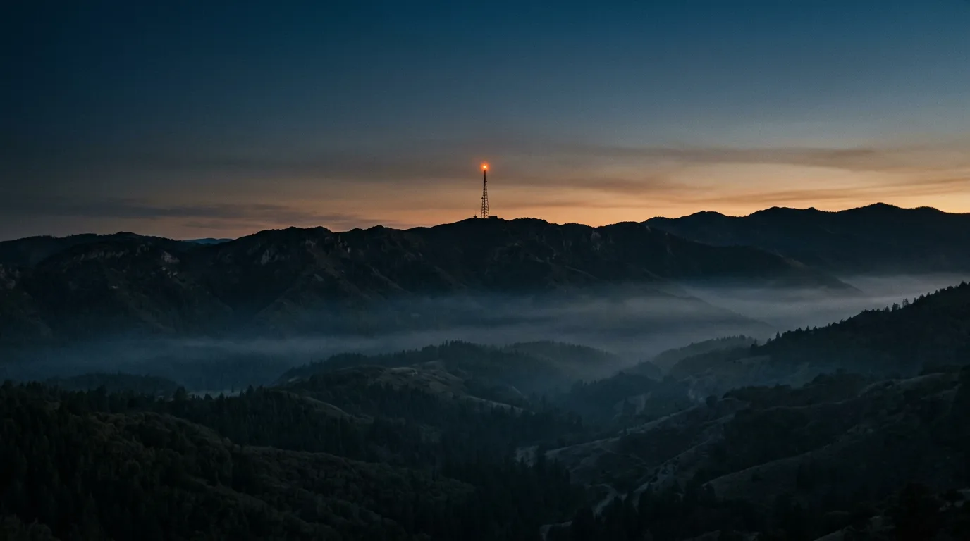 A lone radio tower on a distant ridge glows faint against a darkening dusk sky.