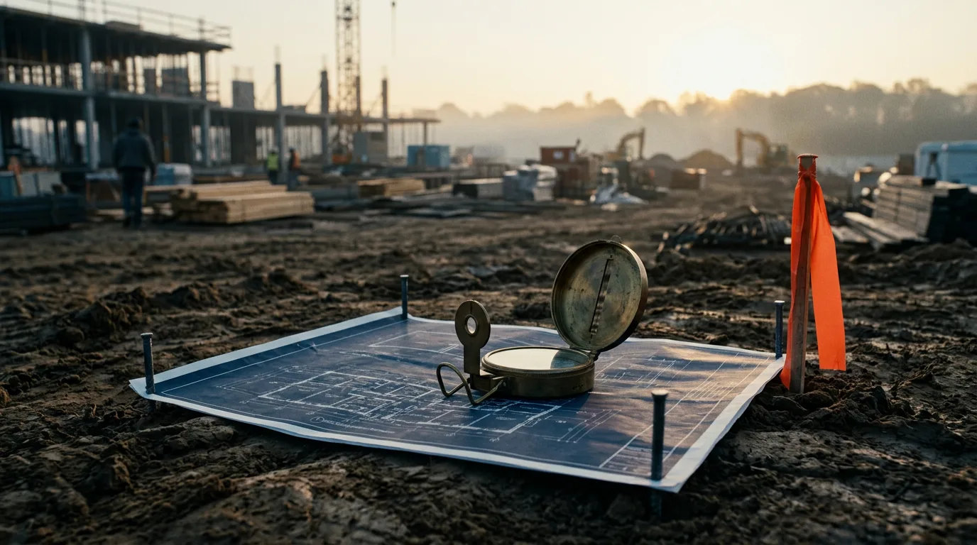 An open brass surveyor's compass rests on a rolled blueprint at a construction site at dawn.