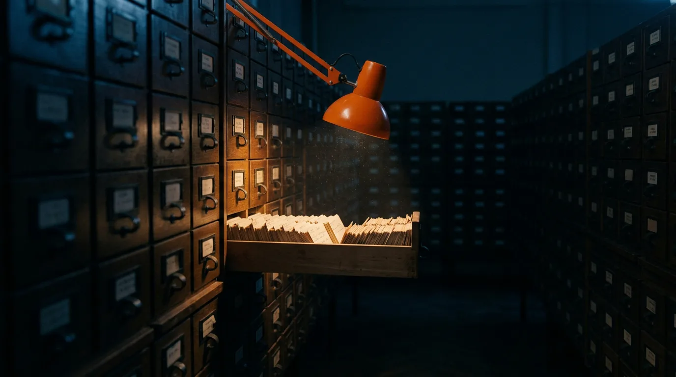 Rows of card catalog drawers in a quiet library archive at night, one drawer pulled open under a single desk lamp.