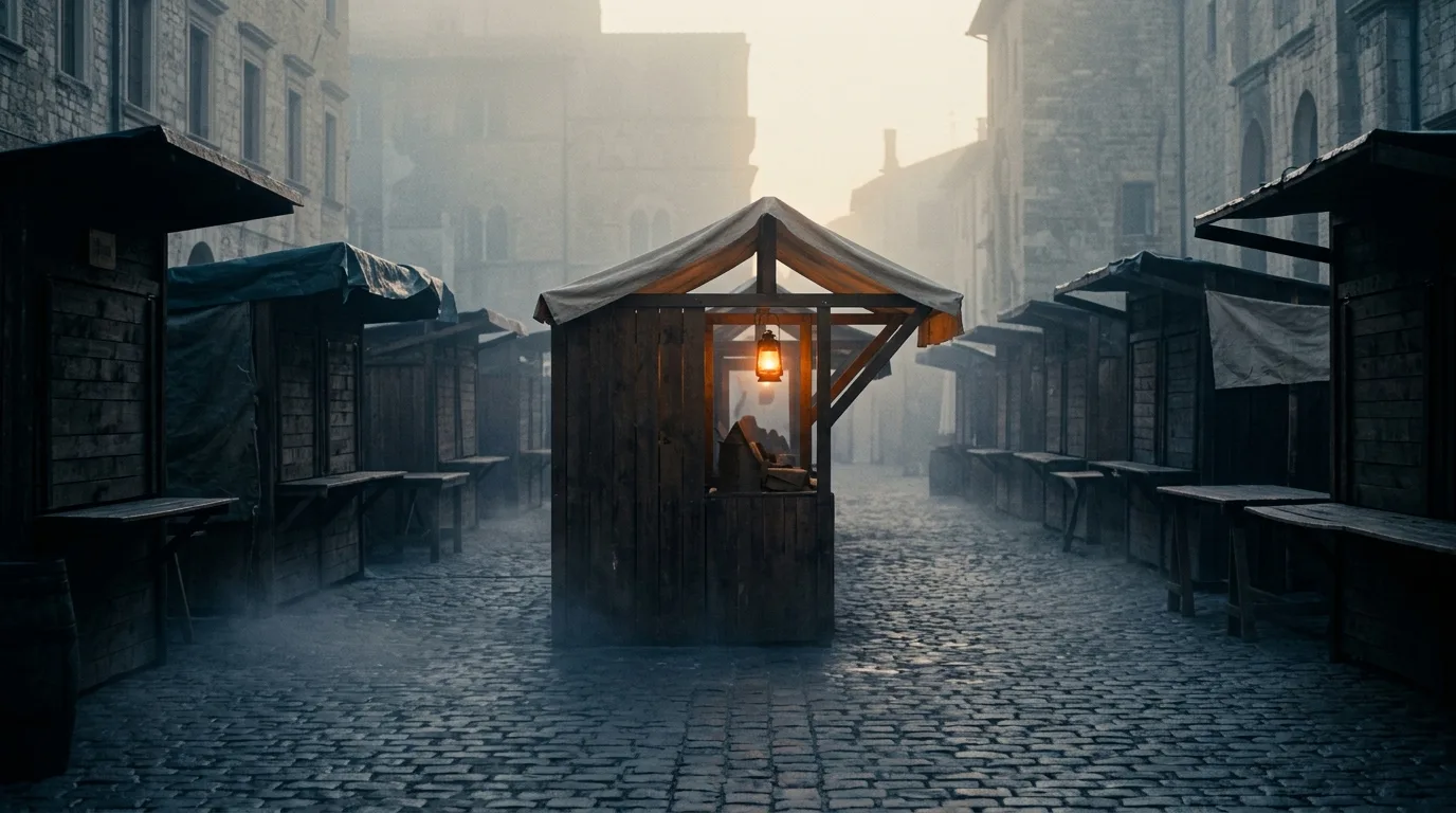 An open-air market of empty wooden stalls at dawn, with only one stall's lantern lit while the rest sit dark.