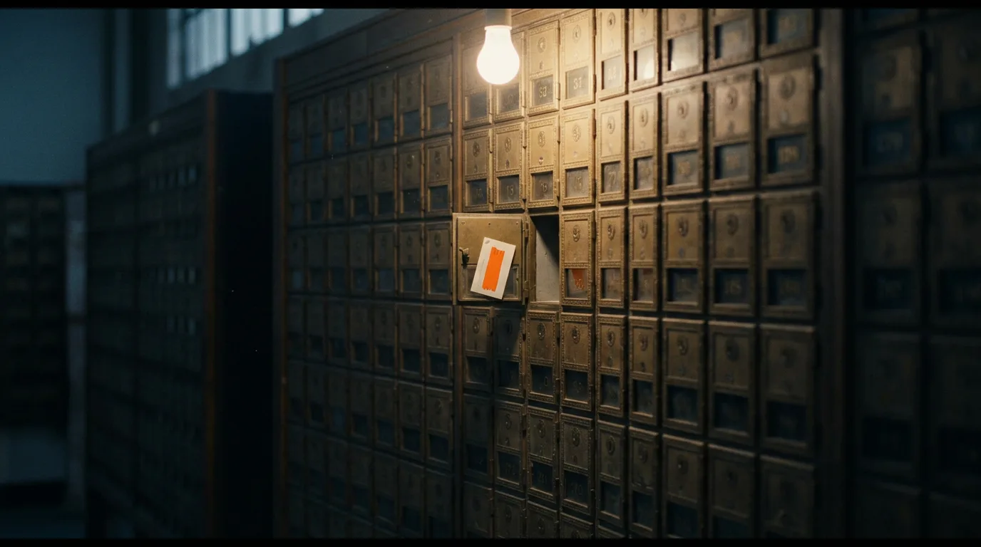 A wall of small numbered post office boxes at dusk, one door left open with a paper slip catching the light inside.