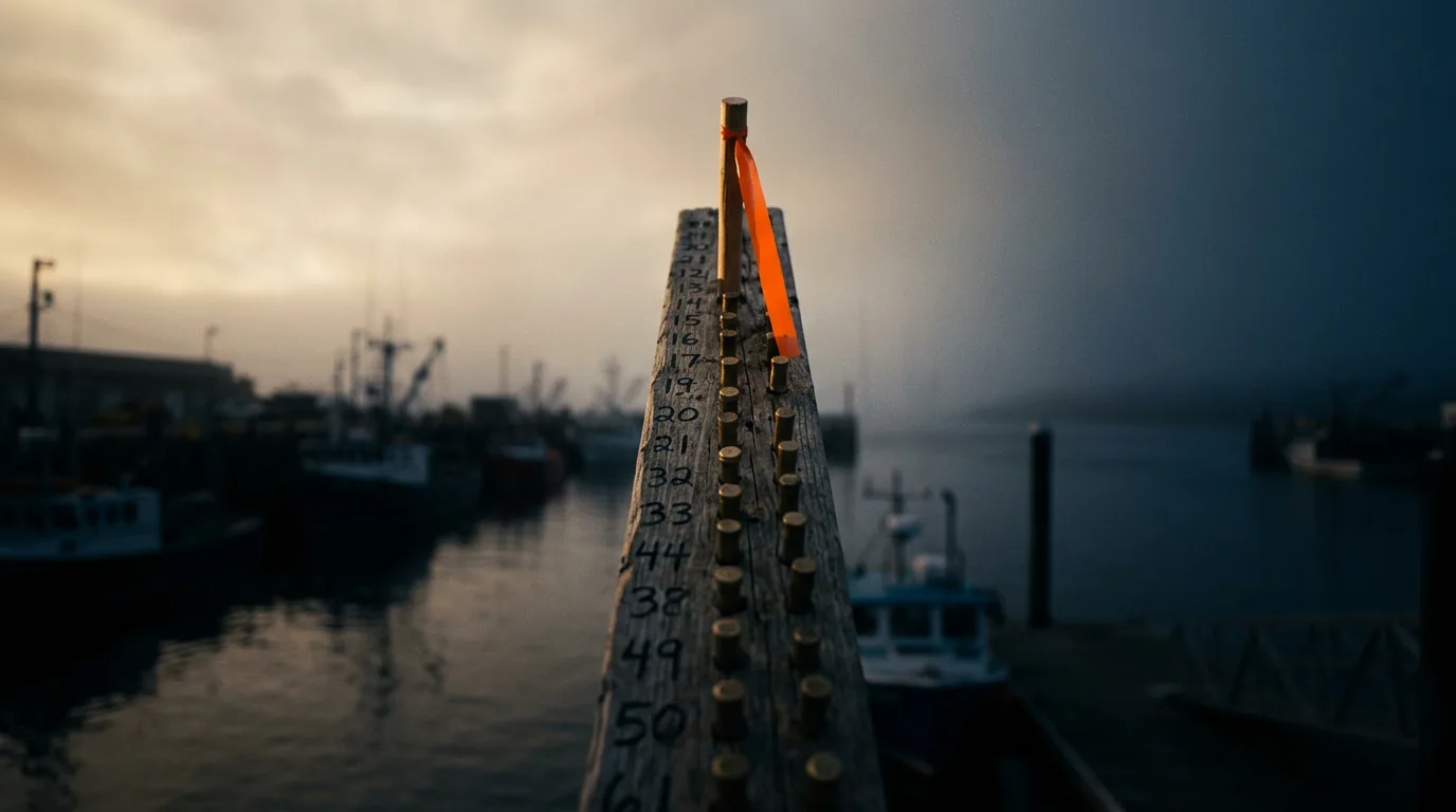 A tall wooden ranking post on a harbour pier at dusk, one peg driven in higher than the rest and catching the last light.