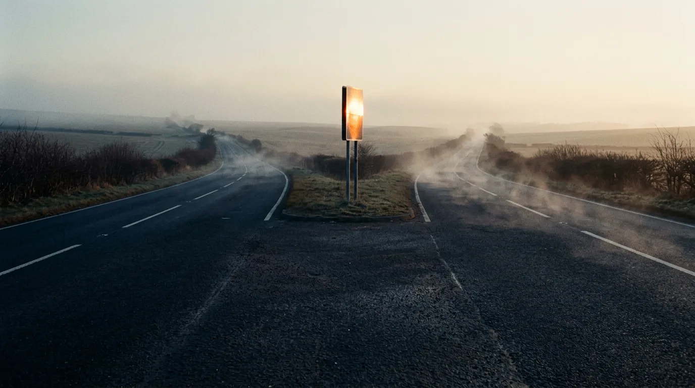 A long two-lane road forking in open countryside at dawn, a single reflective road sign at the fork catching the first light.
