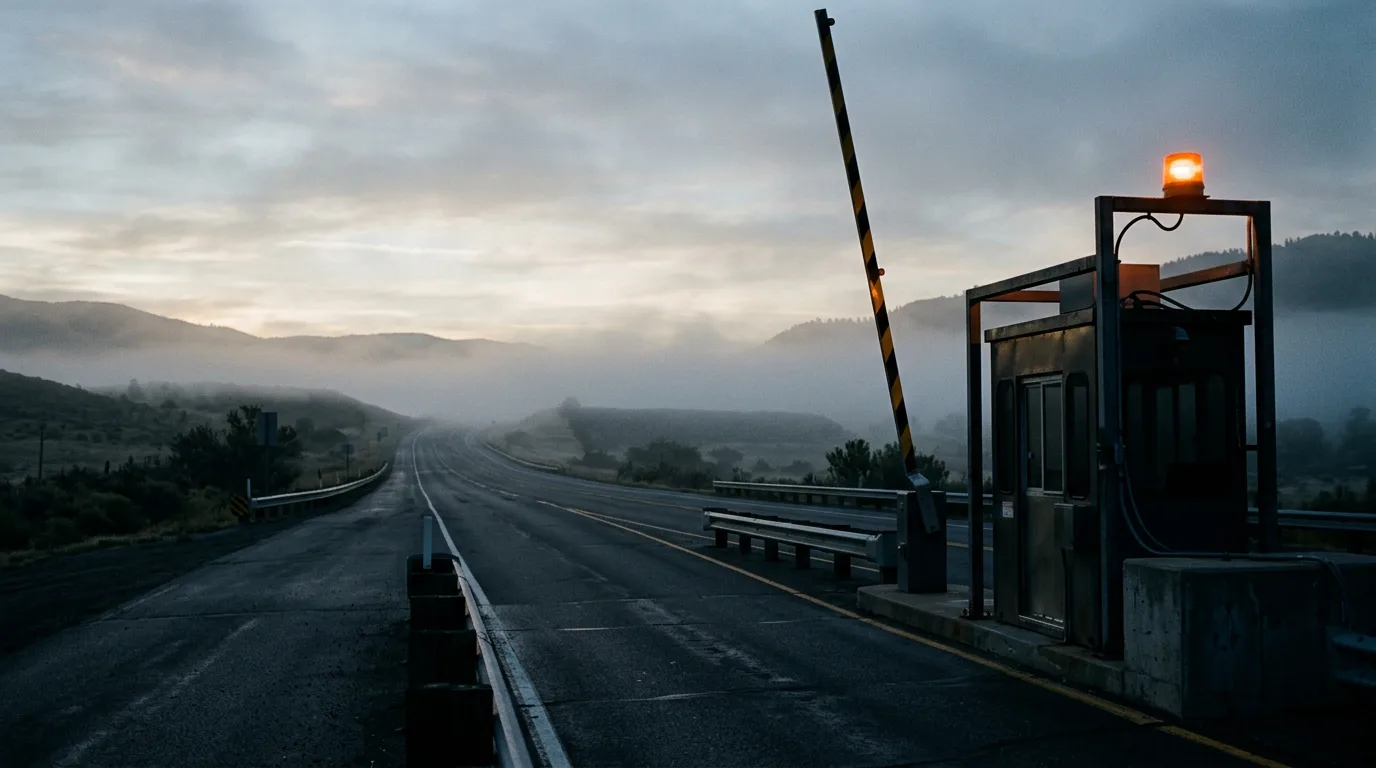 A toll booth arm raised over an empty two-lane highway at first light, fog low over the road and the warning lamp glowing.