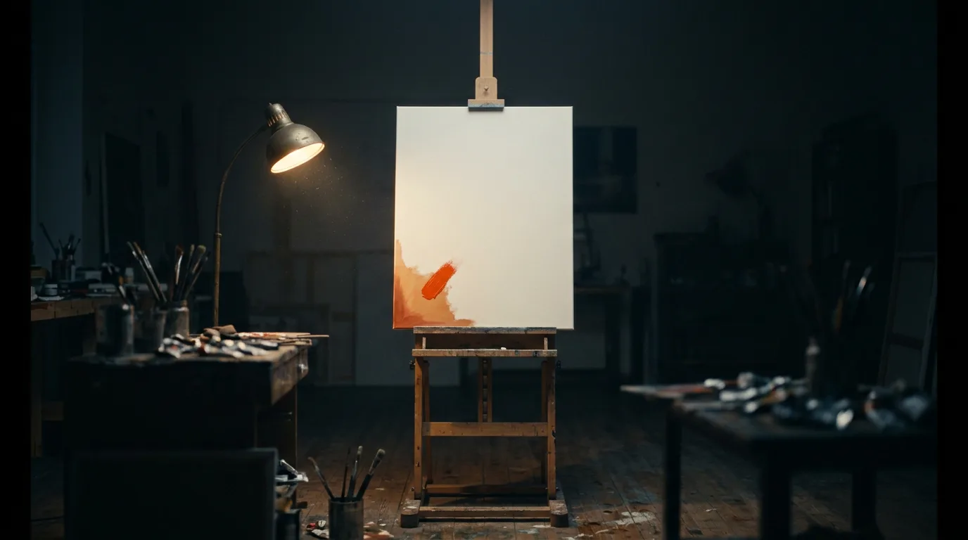 An artist's canvas sits half painted on an easel in a quiet studio, warm lamp light on the finished corner and the rest still bare.