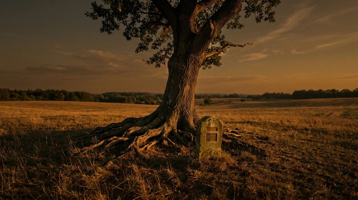 An old oak stands alone in a field at dusk, its exposed roots catching the last light beside a weathered stone marker etched with the board's own icon.