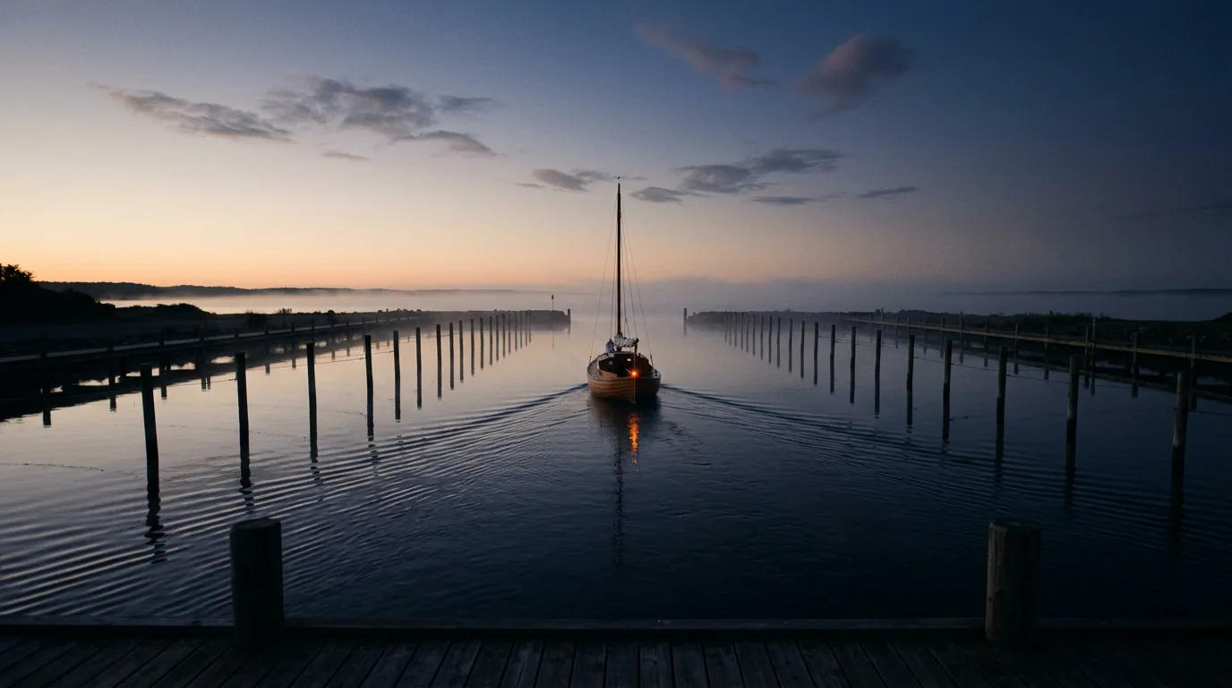 A single sailboat departs an empty harbour before sunrise, its wake the only motion on flat water.