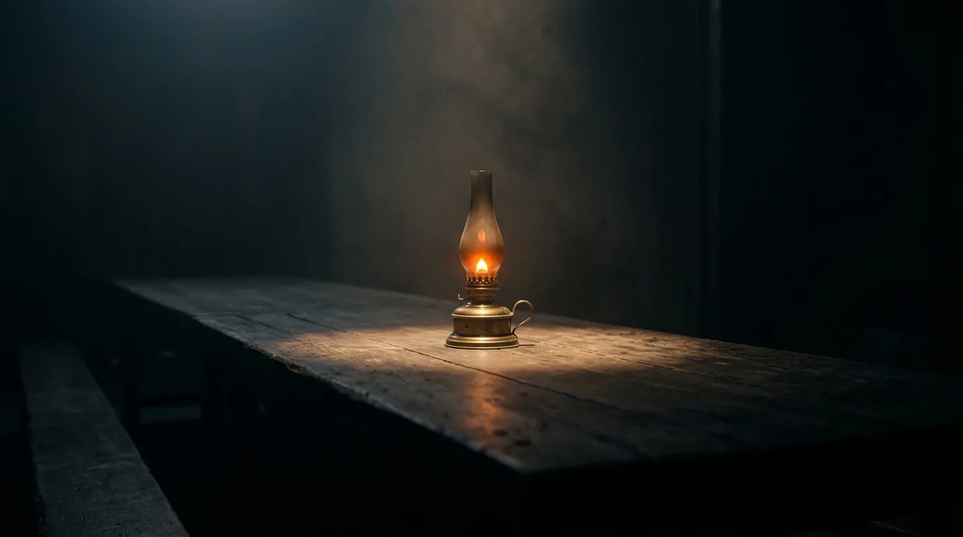 A single oil lamp on a long dark wooden table lights only a third of its length, the rest fading into shadow.