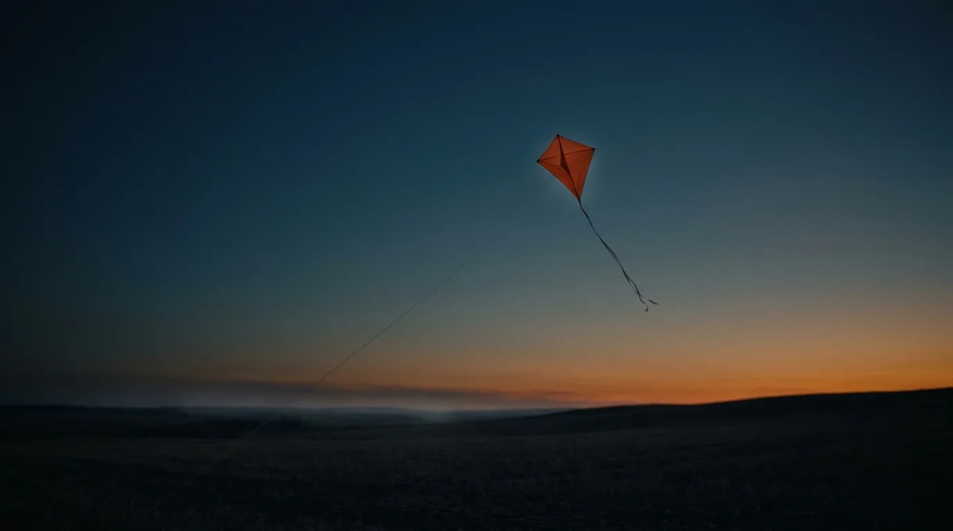 A kite holds steady high against a darkening evening sky, its string trailing down out of frame.