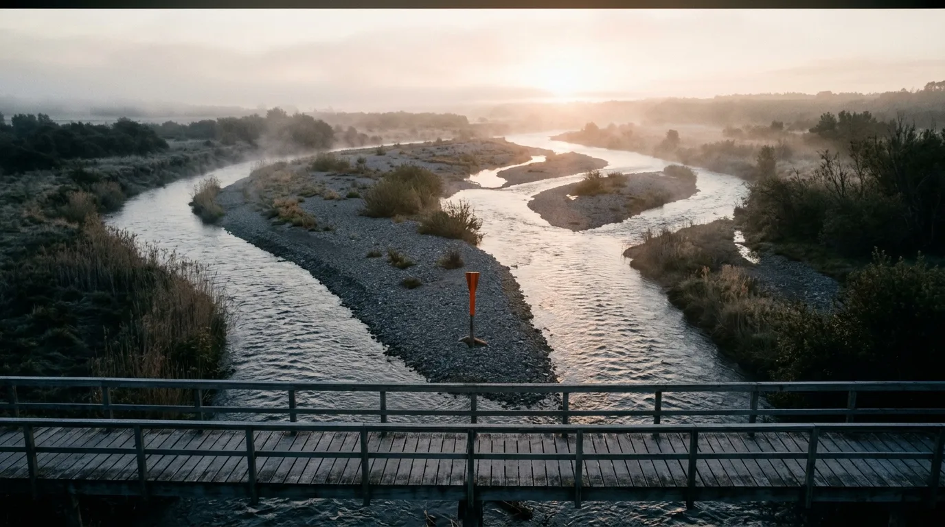 A river splits into five narrow channels around a gravel bar at dawn, mist lifting off the water.