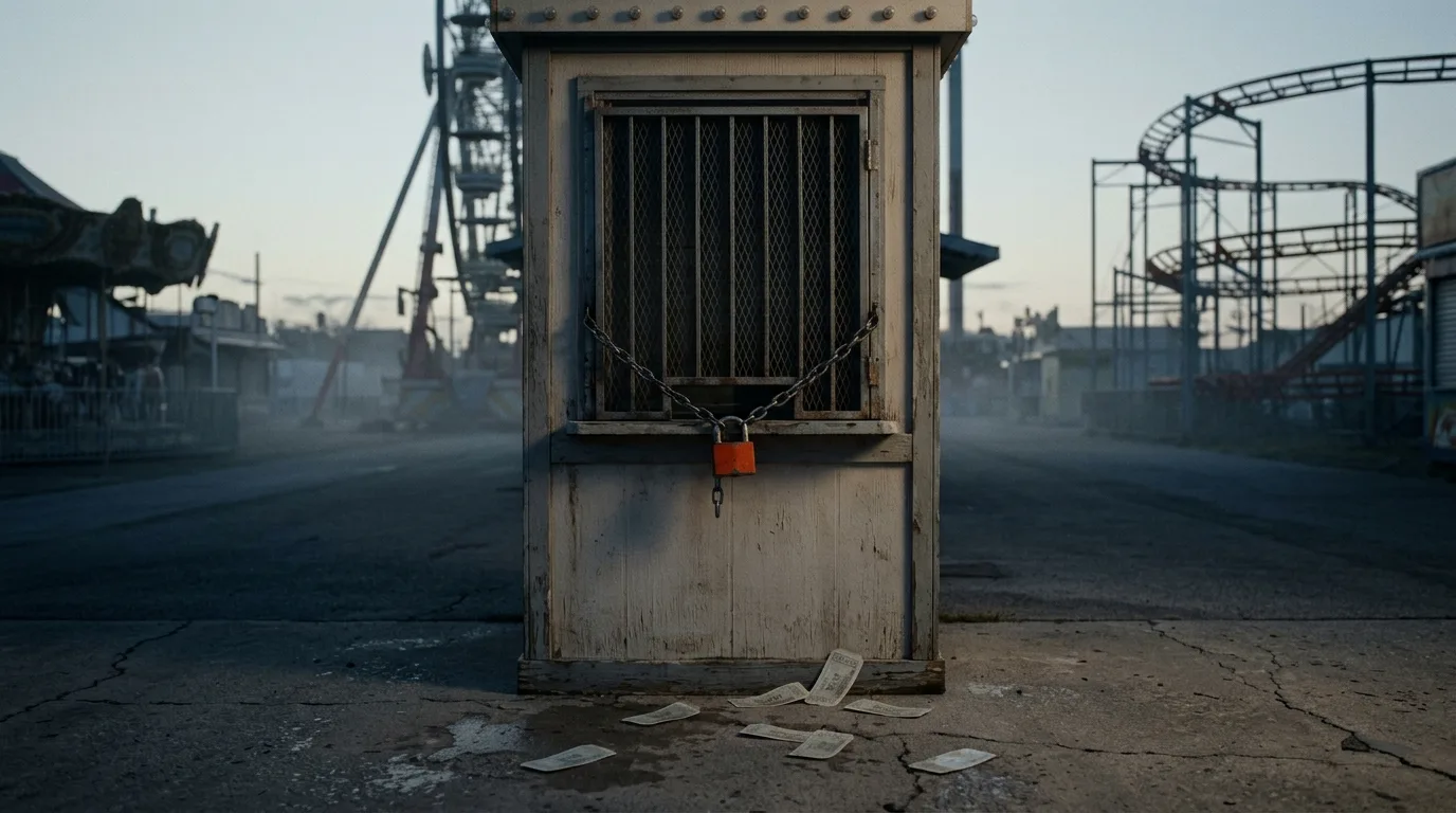 A shuttered carnival ticket booth sits chained behind a padlock, ticket stubs scattered on the ground at dawn.