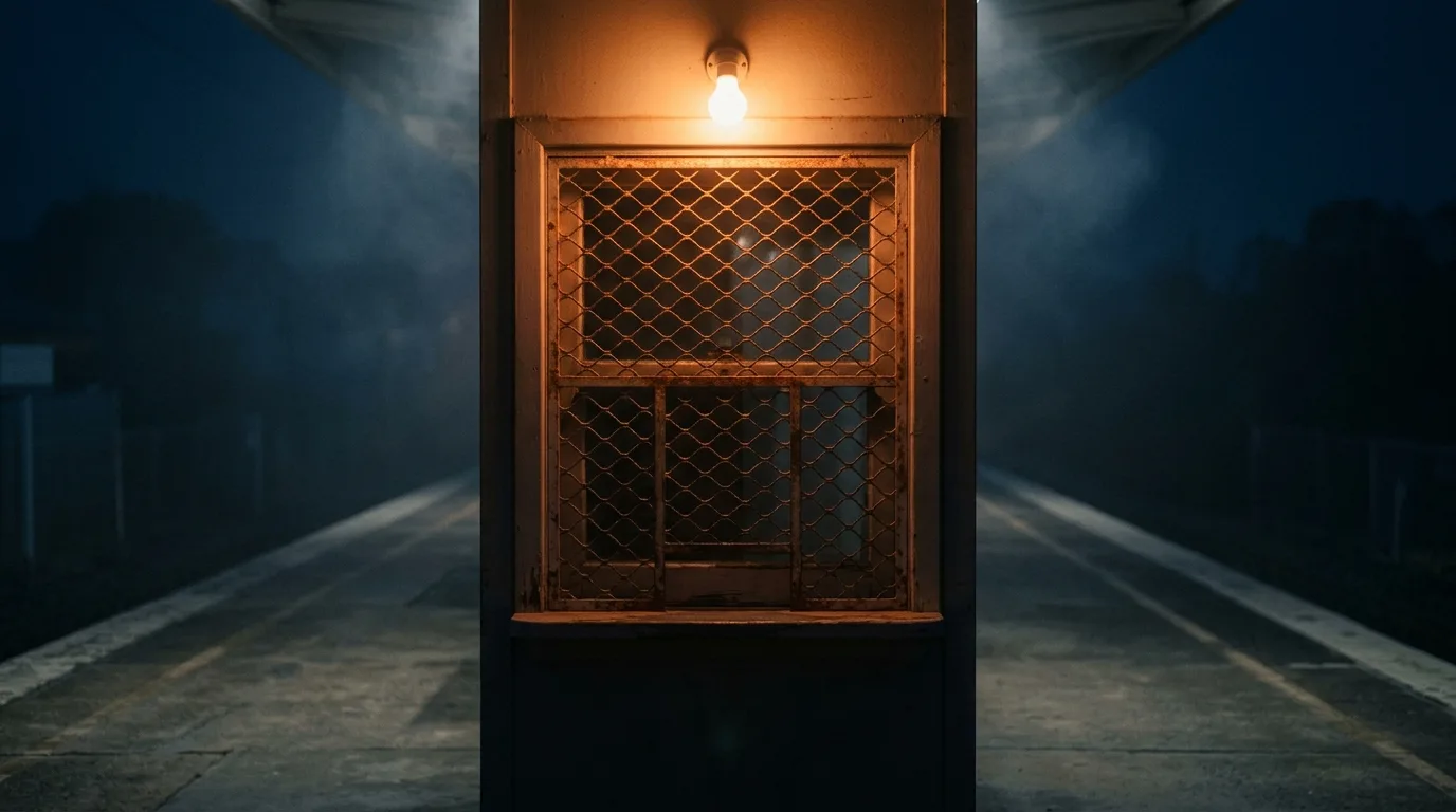 A ticket window at a small train station sits half-shuttered behind a lowered grate, one bulb still lit above an empty platform.
