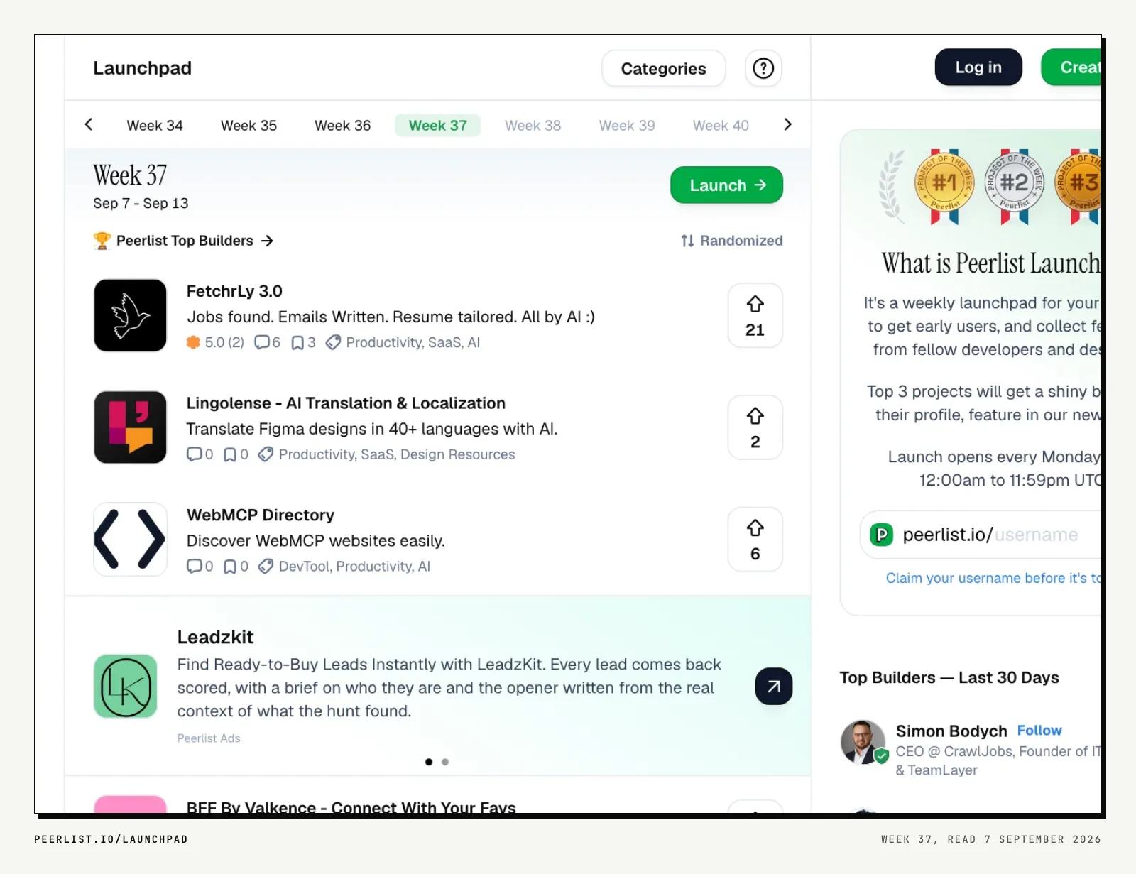 Peerlist Launchpad in week 37 of 2026, a randomised list of the week's projects beside a panel saying the launch opens every Monday.