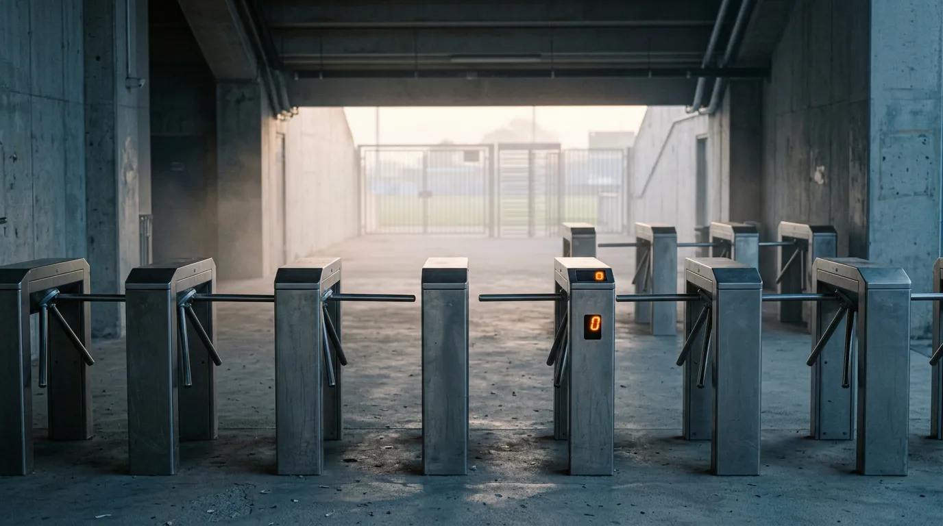 A row of empty stadium turnstiles in a hazy concrete concourse at dawn, with one turnstile's counter lit orange while the rest sit dark.