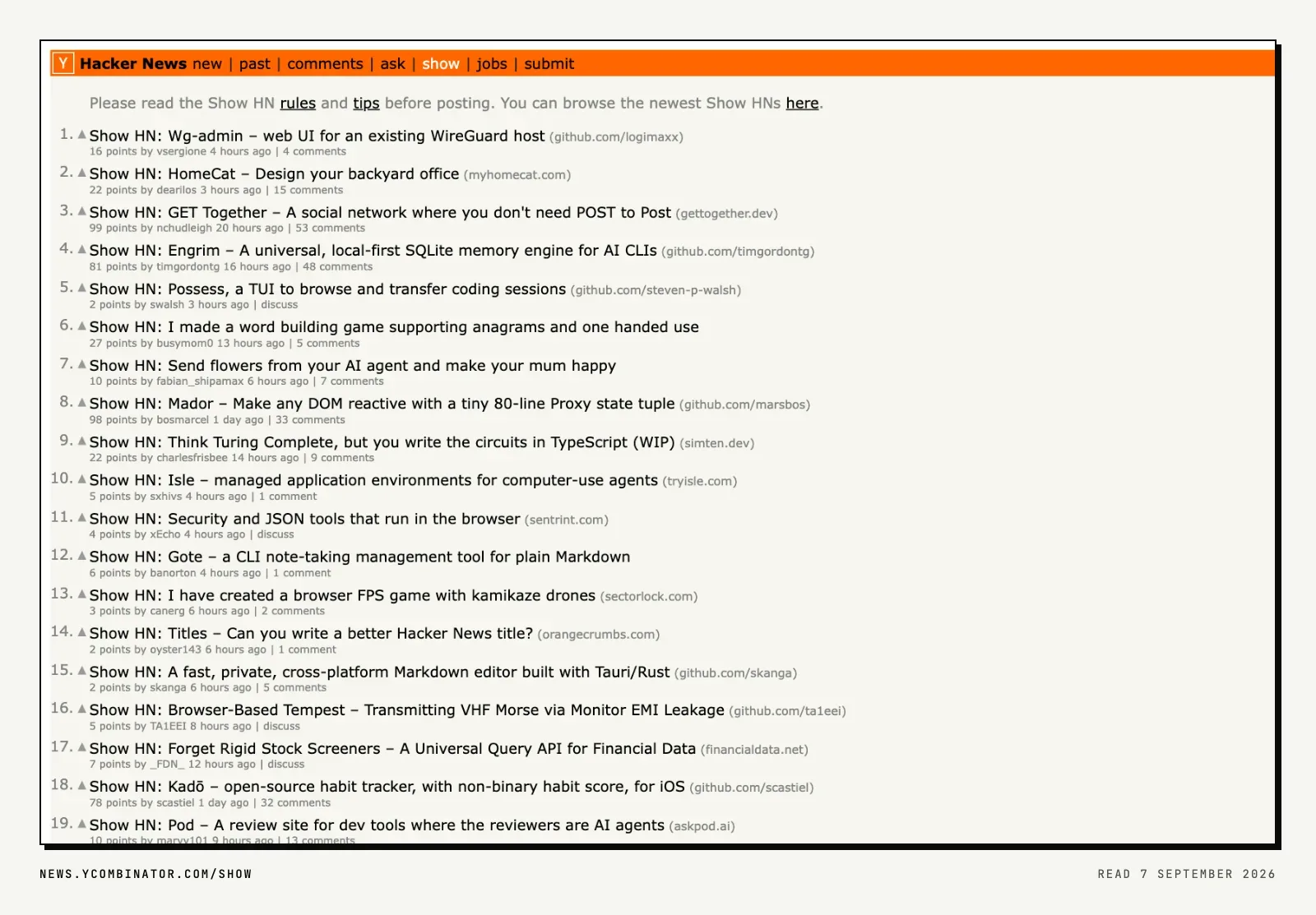 The Show HN page on Hacker News, a plain list of posts with points and comment counts under a line asking you to read the rules before posting.
