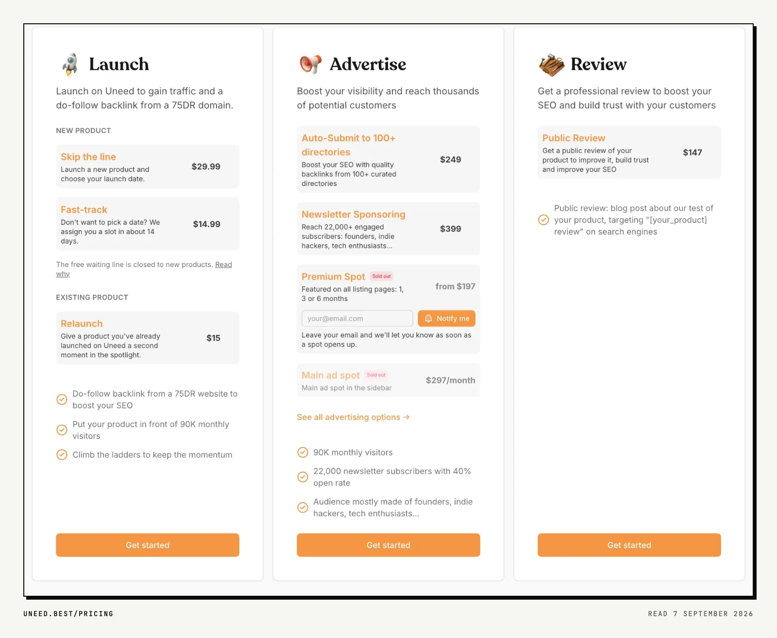 Uneed's pricing page on 7 September 2026: Skip the line at $29.99, Fast-track at $14.99, Relaunch at $15, and a note that the free waiting line is closed to new products.