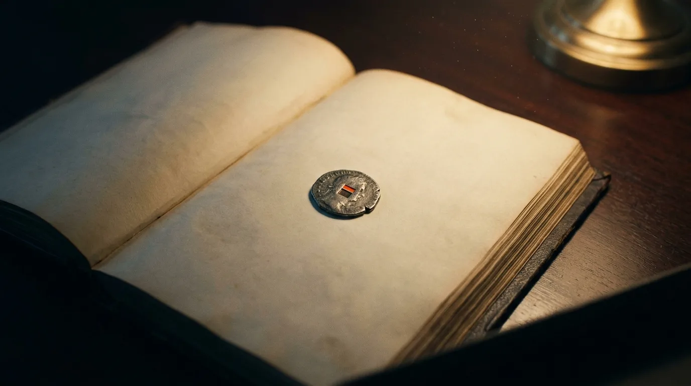 A single antique coin stamped with a small mark rests on an open wooden ledger under warm lamplight in an otherwise dark room.