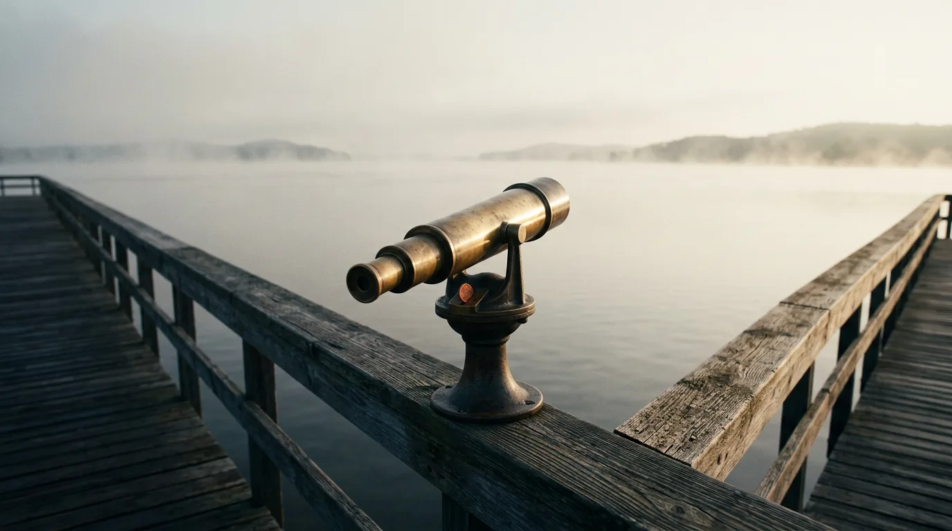 A single antique brass coin-operated viewing scope stands alone on an empty boardwalk railing at dawn, aimed out over still water.