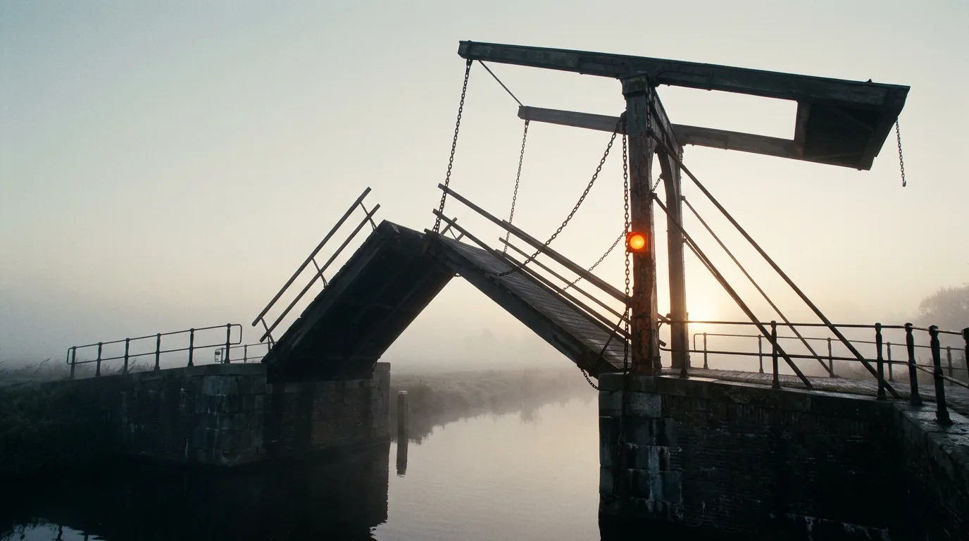 A stone drawbridge lifts slowly over a narrow mist-covered canal at dawn, its chains taut against the pale sky.