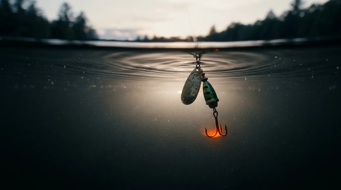 A single fishing lure hangs just under the surface of dark water at dusk, its hook catching the last orange light from above.