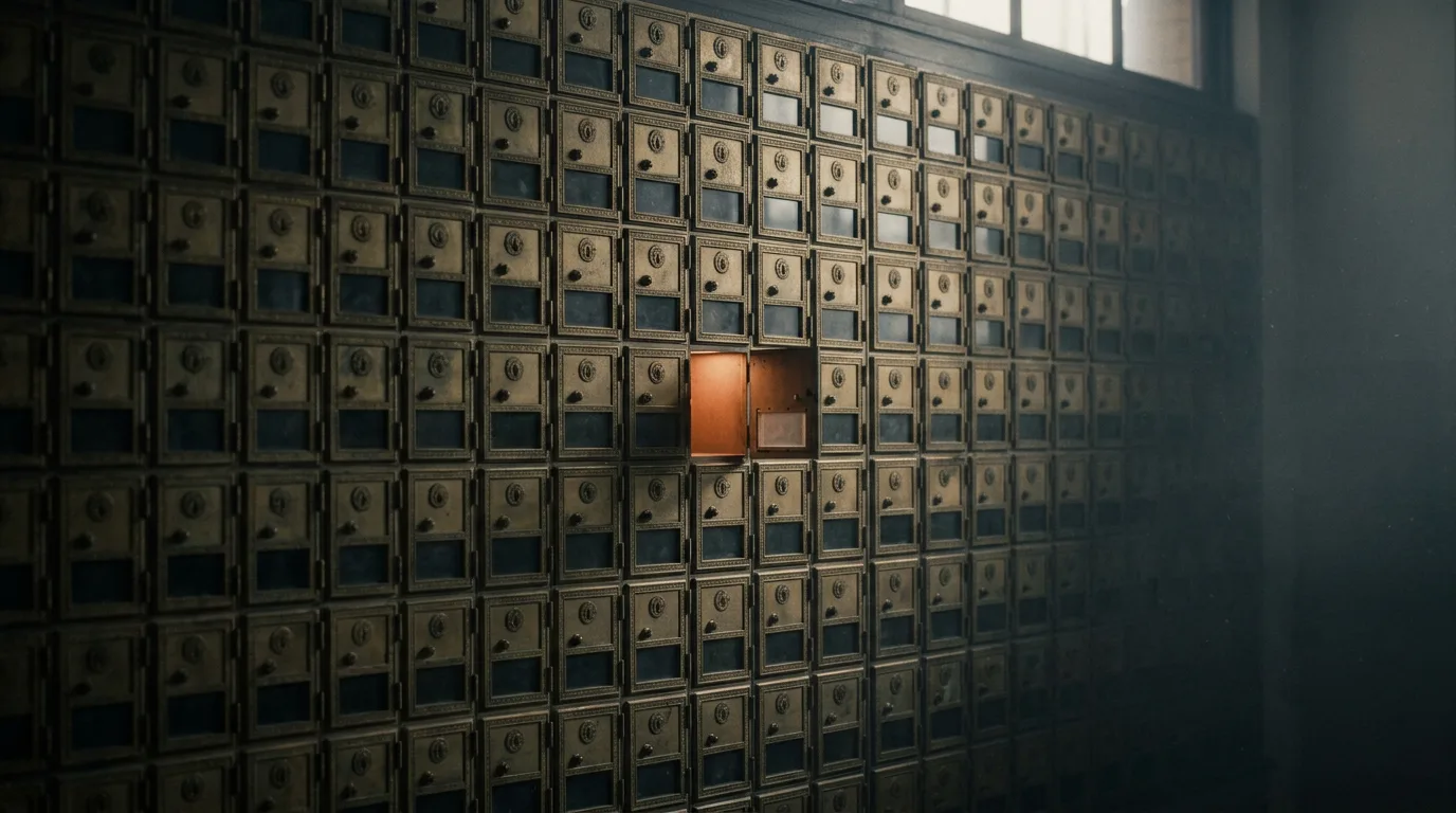 A wall of vintage brass post office boxes fills a dim and mostly empty lobby, with one small door left open and glowing from within.