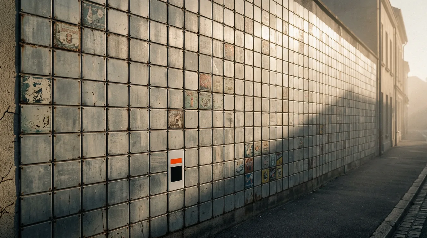 The Million Dollar Homepage's idea, twenty years later: a wall of weathered ad plaques at dawn, most faded blank, one freshly repainted with a small orange-and-black mark.