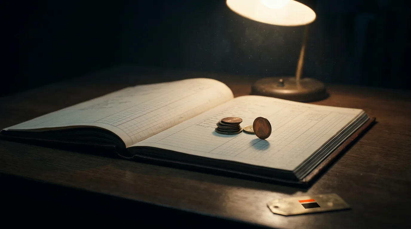 An open ledger under a desk lamp at night, coins resting on the page beside a small brass tag marked with The Board's icon.