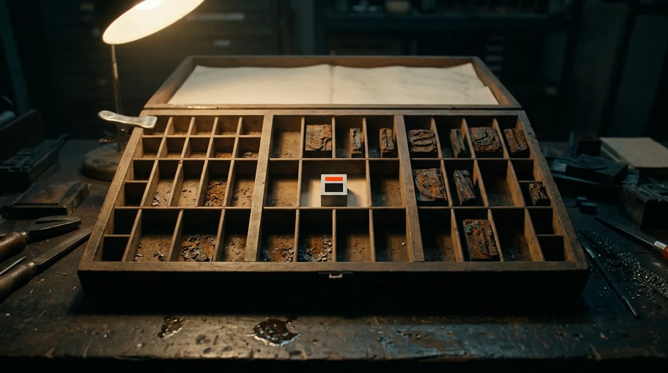 The Million Dollar Homepage's model in miniature: an open letterpress type case with lead ad blocks, half the compartments rusted empty, one fresh block marked with The Board's icon.