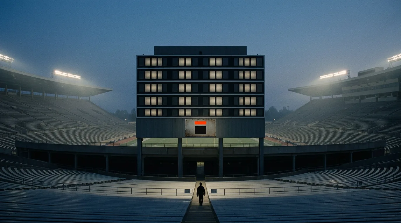 An empty stadium scoreboard glowing blank at dusk, a small plaque bearing The Board's mark bolted to its frame.