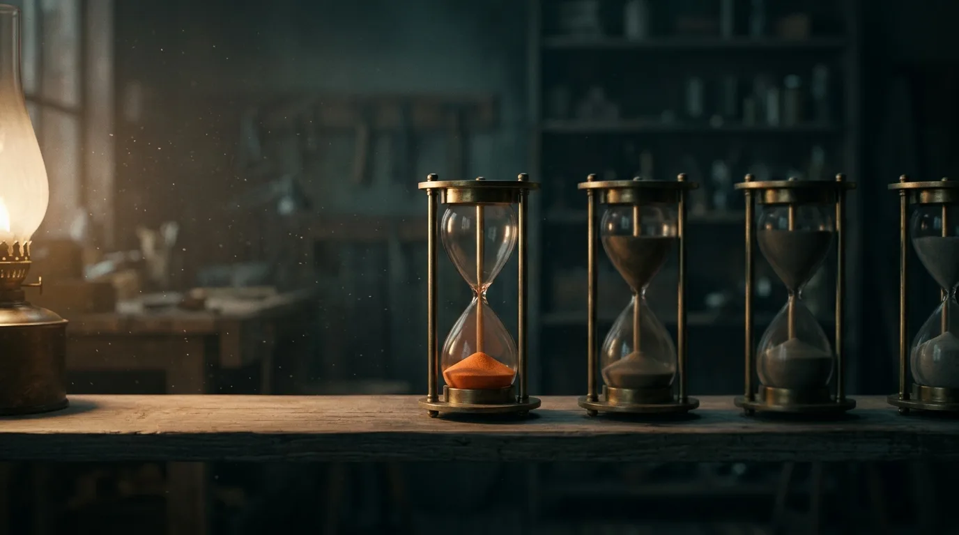 A row of antique brass hourglasses on a wooden shelf, each holding sand at a different level, lit by warm lamplight at dusk.